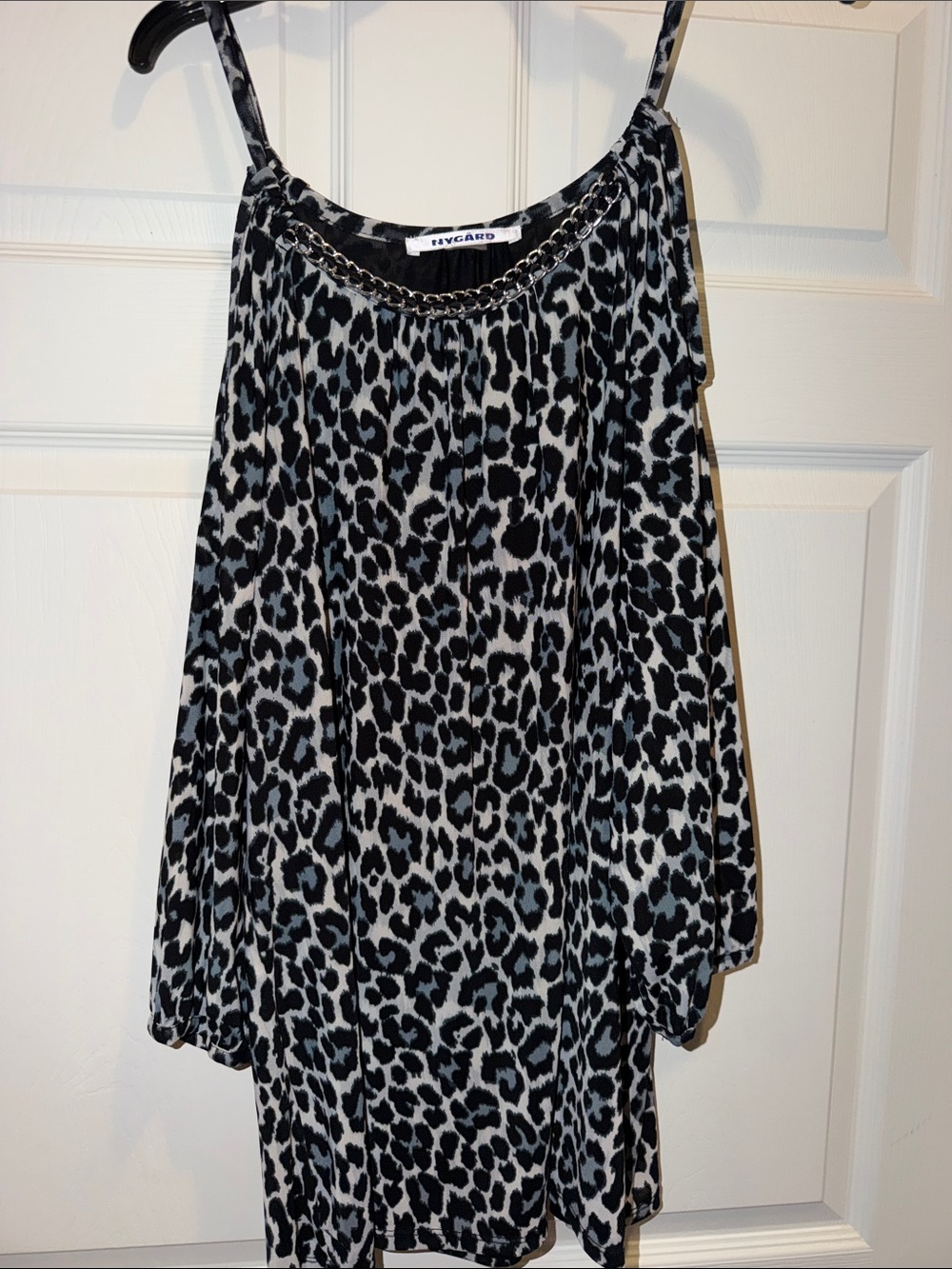 Peter Nygard Black / White Animal Print Cold shoulder tunic silver chain neck